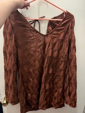 Textured Rust Brown Long Sleeve V-Neck Top